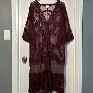 Dizzy Gal Burgundy Lace Open Front Kimono Dark Boho Festival Moody Cottage Style